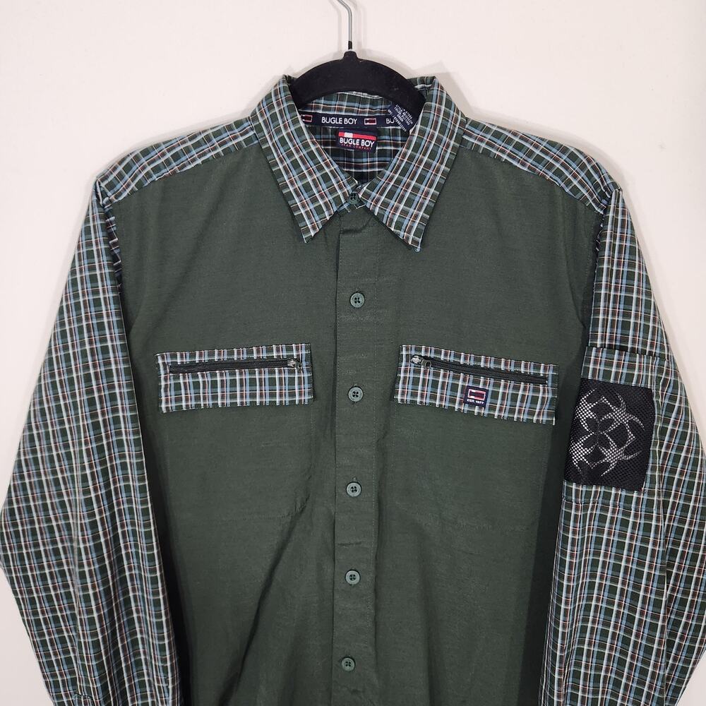 Vintage 2002 Bugle Boy Shirt Men's Size S Green Blue Plaid Sleeve Button Up Y2K - Picture 2 of 11